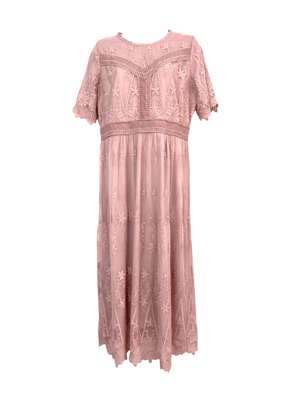 Dusty Rose Midi Dress Size Large Lace Embroidered Romantic Boho Cottage Flowy
